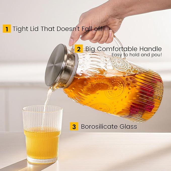 Bandesun Vintage Glass Pitcher with Lid, Heat Resistant Borosilicate Water Jug, 68 oz/ 2 Liter Water Pitcher with Handle and Spout for Fridge, Carafe for Hot/Cold Coffee, Tea,Beverage 1Pack