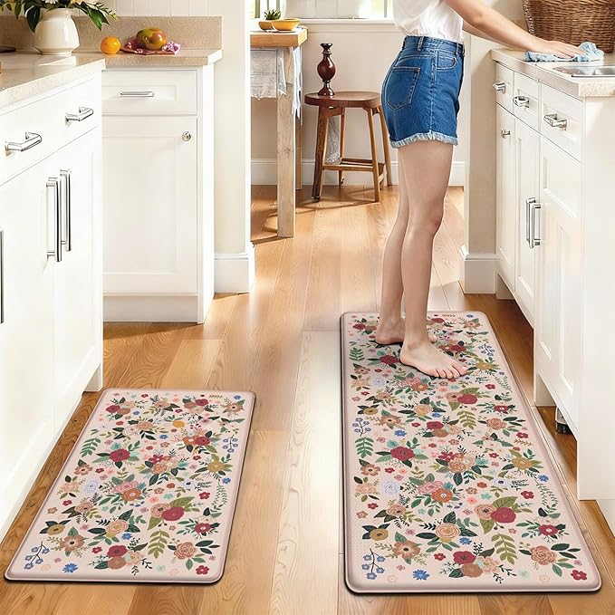 Anti Fatigue Boho Kitchen Rugs Set of 2, Floral Kitchen Mats for Floor, Farmhouse Kitchen Decor, Anti-Slip and Anti-Fatigue Foam Standing Mat,17x30 inch Sink Mat+17x48 inch Runner Rug Pink