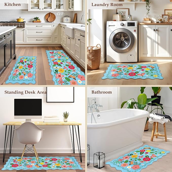 Scalloped Blue Kitchen Mats for Floor 2PC Cushioned Anti Fatigue Kitchen Mats Rugs Waterproof Non Slip Farmhouse Boho Floral Comfort Foam Standing Mat for Sink Laundry