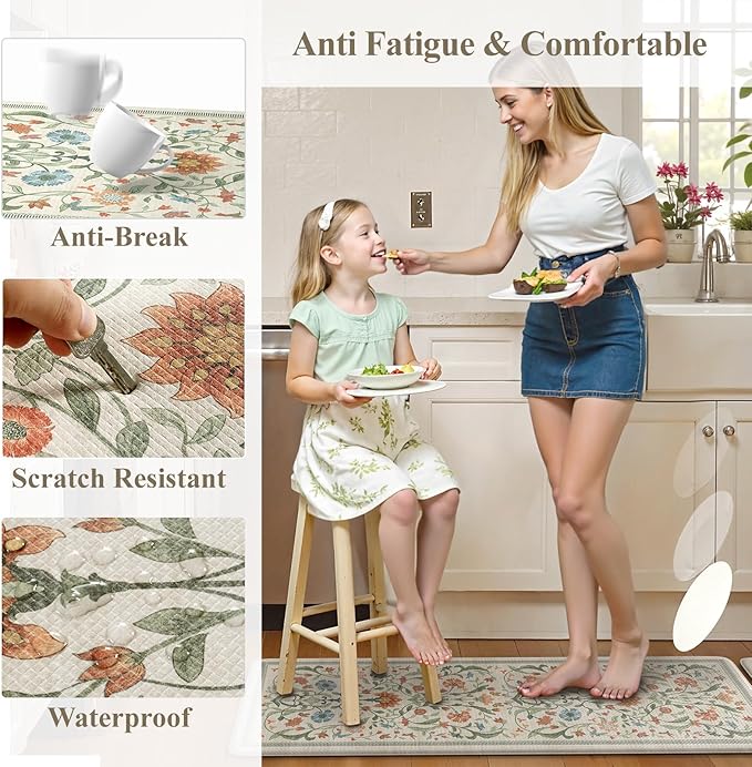 Collive Kitchen Mats Cushioned Anti Fatigue, Waterproof Kitchen Floor Mat Non Slip Desk Rugs Comfort Standing Rug for Sink, Office, Laundry, Home Decor, 20" x 47" + 20" x 32", Beige