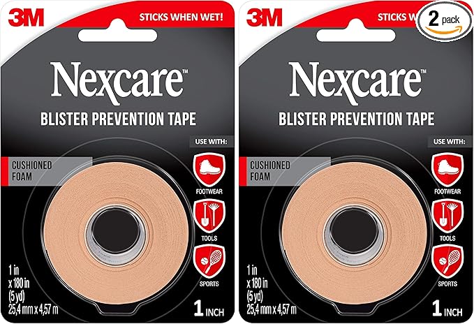 Nexcare Blister Prevention Tape, Waterproof Foam Medical Tape, Sticks Firmly to Skin to Help Prevent Blisters - 1 in x 5 Yds, 1 Roll of Tape (Pack of 2)