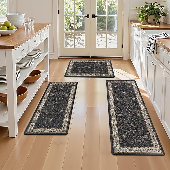 Pauwer Anti Fatigue Kitchen Floor Mats Set of 3, PVC Foam Padded Kitchen Rugs, Non Slip Cushioned Comfort Standing Mat, Waterproof Sink Rug for Small Kitchen Area, Laundry Room, Black