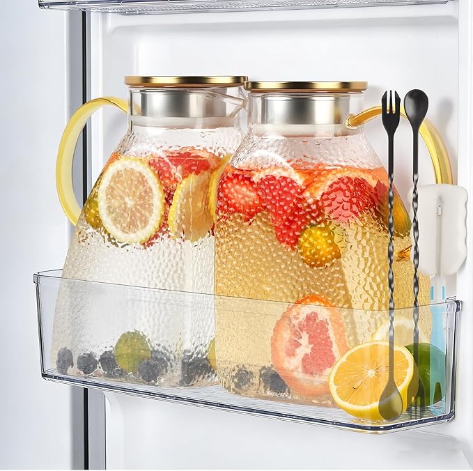 2 Pack Glass Pitcher with Lid and Handle, 1.8 Liter 60 oz Water Jugs for Fridge, Iced Tea Pitcher, Juice Carafe, Milk, Coffee, Hot/Cold Beverage Container（with Mixing Spoon and Cup Brush）