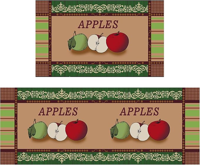 Apple Kitchen Rugs 2 Piece Set for Floor Mat, Non Skid Washable Absorbent Microfiber Apple Kitchen Mat for in Front of Sink for Standing for Home Apple Kitchen Decor 17"X30"+17"X47"