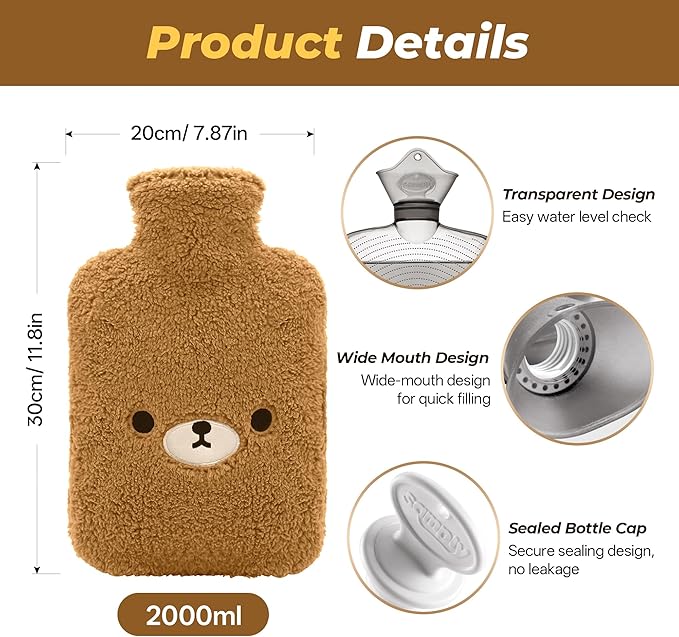 samply Hot Water Bottle with Cute Fleece Cover, Hot Water Bag for Hot and Cold Compress, Hand Feet Warmer, Neck and Shoulder Pain Relief, Brown Bear