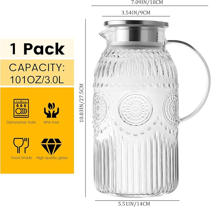 Bandesun Vintage Glass Pitcher with Lid, 101oz/ 3 Liter Water Pitcher with Handle for Fridge Heat Resistant Borosilicate Water Jug, Carafe for Hot/Cold Coffee, Tea,Beverage 1Pack