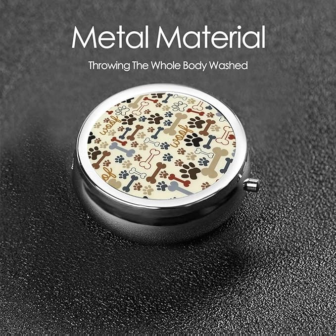 Metal Silver 3 Compartment Pill Box Pocket Portable Mini Travel Pill Case Small Round Decorative Medicine Box Vitamin Pill Organizer with Bone Dog Paw