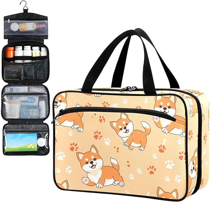 Fustylead Cute Shiba Inu and Paw Prints Travel Pill Bottle Organizer Large Home Storage Medication Bag with Zipper for Vitamins, First Aid, Fish Oil, Medical Supplies