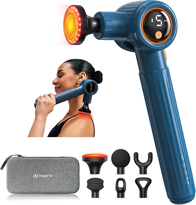 NAPRE Massage Gun with Heat,Massage Gun Deep Tissue with Extension Handle & 3 Adjustable Angles,Handheld Percussion Back Massager for Muscle/Neck/Body Pain Relief with Portable Case,Blue