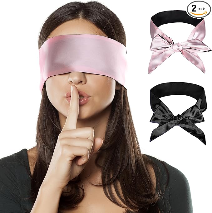 FRESHME 2pcs Satin Blind Eye Sleeping Mask - Silk Adjustable Satin Blindfold Gift Soft Eye Covers for Travel Nap Bedroom, Double Sides Pink & Black+Black 2pc Set