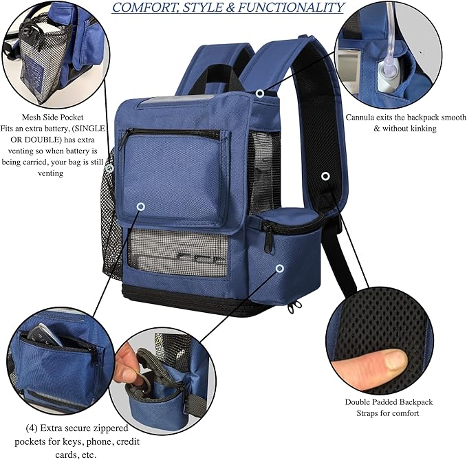 O2TOTES Premium Backpack – Fits Inogen One G5 & Inogen Rove 6, Lightweight with Padded Straps & Zippered Bottom