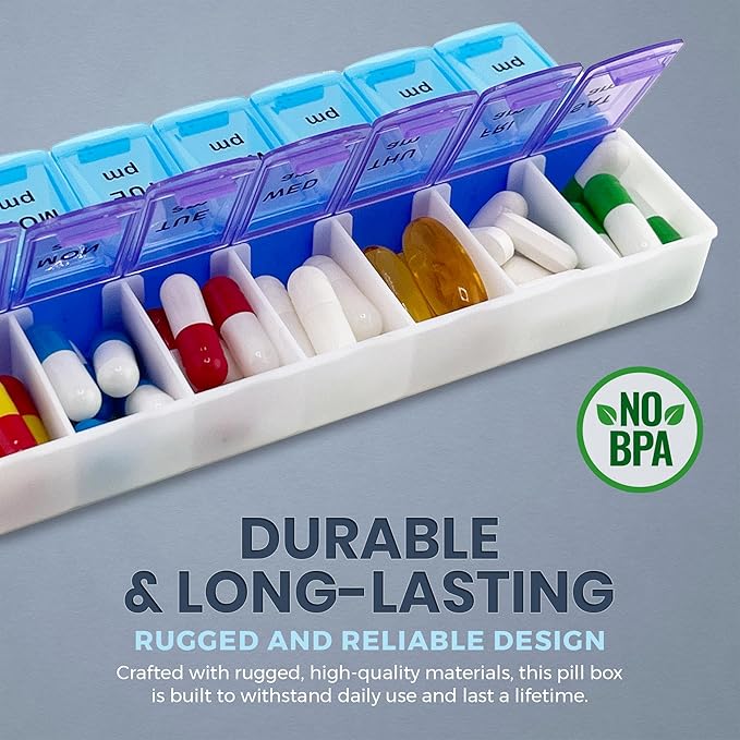 MEDca Pill Organizers - Small Pill Organizer with Weekly and Daily 2-Times-A-Day Compartments for AM/PM - BPA-Free, Portable and Travel Friendly Pill Boxes Case