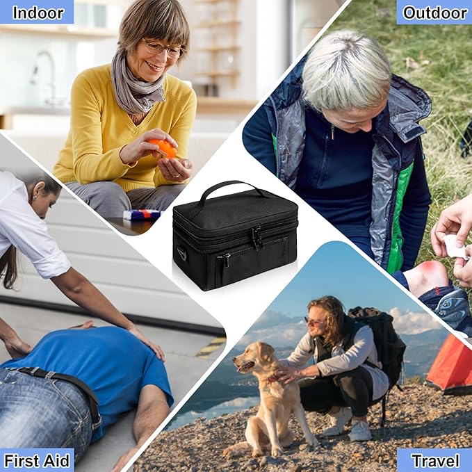 Medicine Bag for Traveling with Portable Small Pouch, Double Layer Pill Bottle Organizer Storage Case with Lockable Zippers, Carrying Medication Travel Case with Shoulder Strap (BAG ONLY) Black
