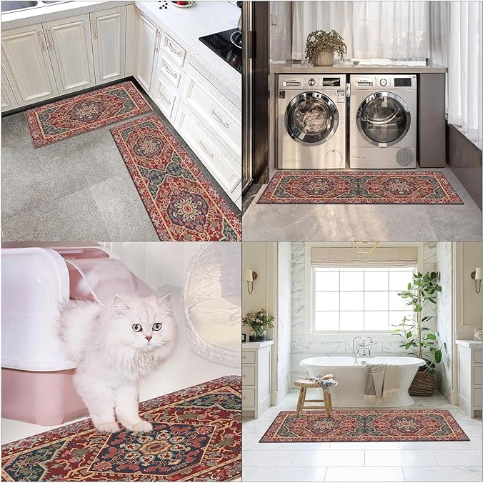 Arttown Boho Anti-Fatigue Kitchen Rug Set of 2 Ethnic Red Cushioned Floor Standing Mat Waterproof Non-Slip Mat and PVC Ergonomic Comfort Foam Rug