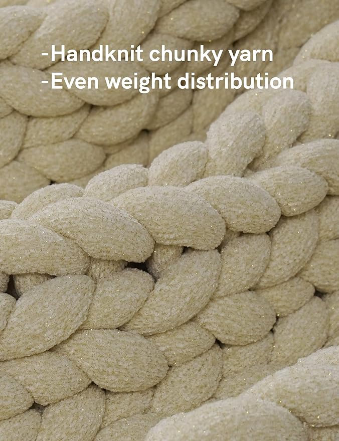 YnM Chenille Weighted Blanket, Handmade Chunky Knitted Design, Soft and Cozy, Temperature Regulating and Breathable, Machine Washable Throw for Sleep or Home Decor (Sparkling White, 50x60 Inch, 10lbs)