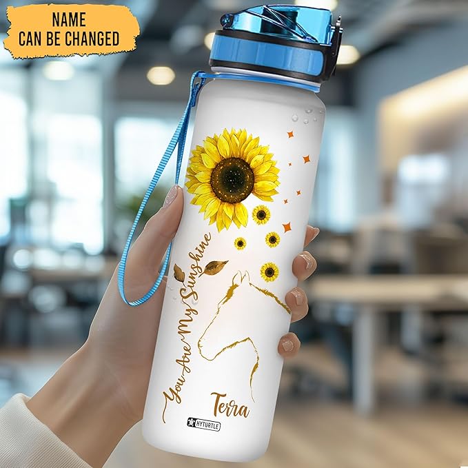 Hyturtle Personalized You Are My Sunshine Horse Sunflower 32oz Liter Motivational Water Bottle, Customized Name Tracking Water Bottle Gifts For Women Horse Lover Sunflower Lover On Birthday