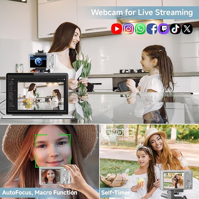 Digital Camera, 2026 4K Autofocus Digital Cameras for Teens, Silver Point and Shoot Camera for Kids with 16X Zoom, 64GB SD Card, Compact Small for Boys Girls Teens Kids Gift