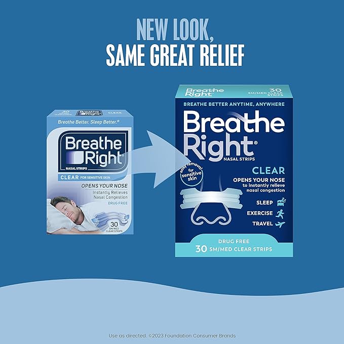 Breathe Right Original Nasal Strips | Clear | Sm/Med | for Sensitive Skin| Drug-Free Snoring Solution & Nasal Congestion Relief Caused by Colds & Allergies | 30 ct (Packaging May Vary) (Pack of 2)