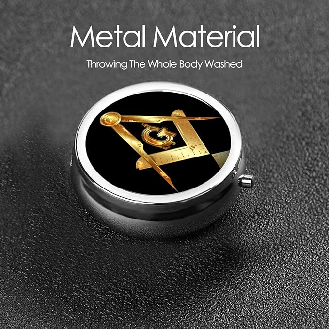 Travel Pill Organizer Large Portable Gold Freemason Freemasonry Masonic, 3 Compartment Round Pill Box with Mirror, Travel Case Pill Holder for Vitamin Medicine