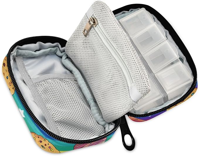 Rainbow Stripes Cookies Stars Travel Pill Organizer Case Box Container Weekly Portable Vitamin Medicine Holder Storage Bag with Zipper Removable