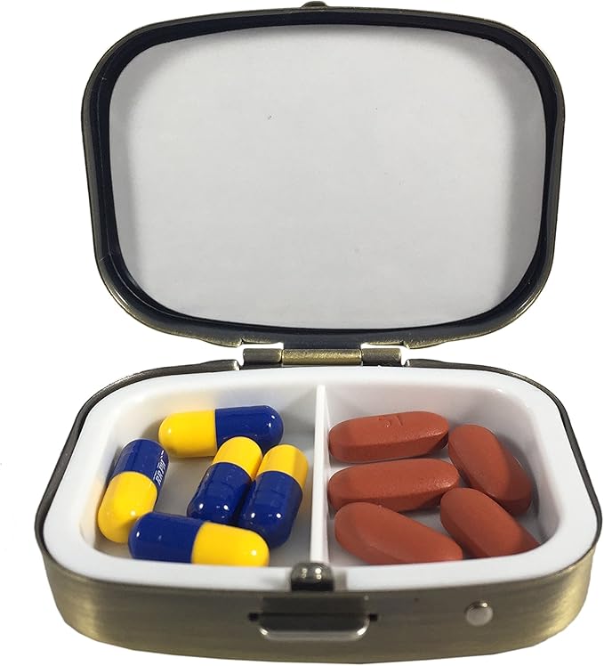 Brass Rectangular Pill Box Case with Divider – 2 Section Pocket & Travel Pill Organizer for Daily Medications, Vitamins, and Supplements (2.2 x 1.8 x 0.6 Inches)