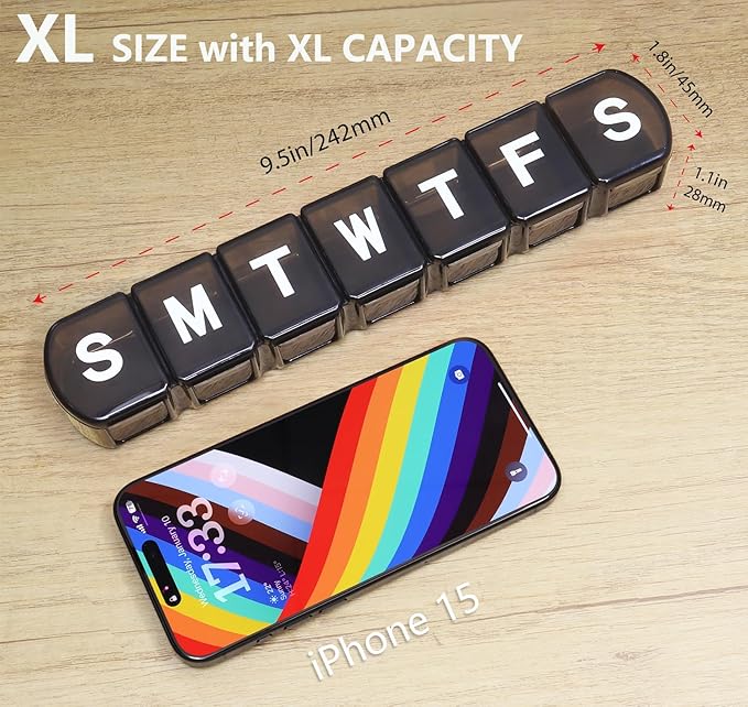 XL Weekly Pill Box Organizer 7 Day, 1 Week Jumbo Pill Dispenser Case One Time a Day, MOLN HYMY Daily Medicine Container to Hold Medication, Vitamins, Fish Oils and Supplement (Black