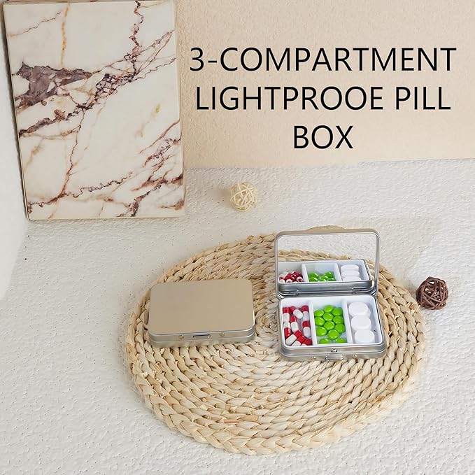 2Pcs Small Pill Case with Mirror 3 Compartment Metal Pill Box for Purse and Pocket,Portable for Daily Vitamins and Medication(Silver)