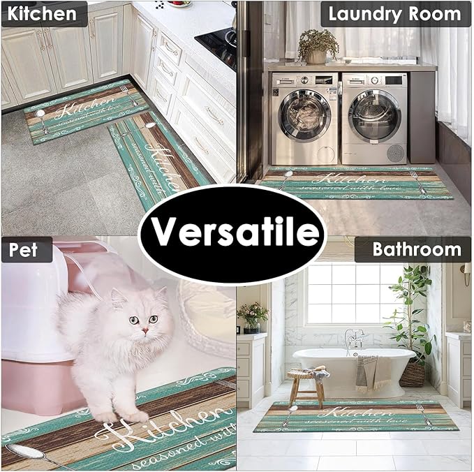 Arttown Teal Farmhouse Anti-Fatigue Kitchen Rug Set of 2 Brown Knife Fork Rustic Vintage Cushioned Floor Standing Mat Waterproof Non-Slip Kitchen Mat and PVC Ergonomic Comfort Foam Rug