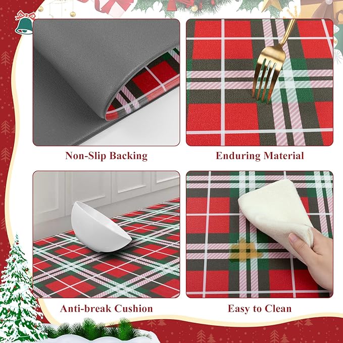 SHACOS Christmas Checkered Kitchen Rugs Set of 2 Anti-Fatigue Kitchen Mats Cushioned Christmas Kitchen Rugs Red Green Plaid Farmhouse Kitchen Mats and Rugs for Xmas 17x27.5+17x47, Red Green Plaid