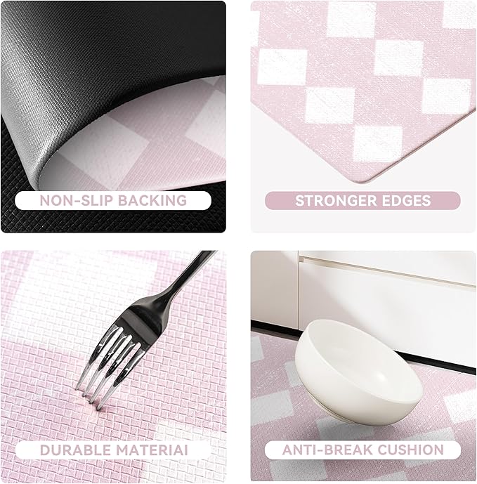 Pink Moroccan Trellis Checkered Kitchen Rug Sets [2 PCs], Anti-Fatigue, Waterproof Non-Slip Kitchen Mats Heavy Duty Ergonomic Comfort Foam Rug for Floor, Home, Laundry,17"x29"+17"x47"