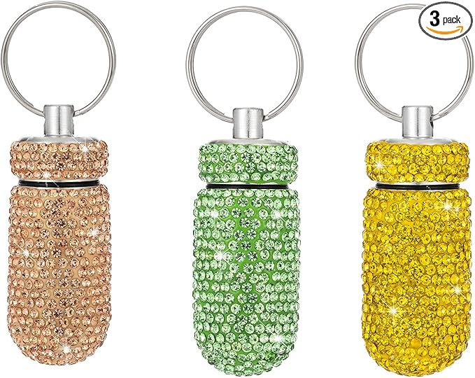 3PCS Bling Crystal Rhinestone Portable Pill Case Pill Container Waterproof Pill Holder with Keychain Glitter Travel Pill Box Small Medicine Dispenser Bottle Storage for Outdoor Camping Travel,14