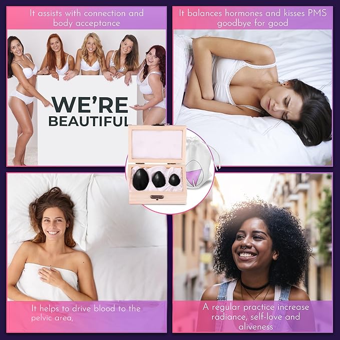 Kegel Weights for Women - Set of 3 Black Obsidian Eggs | Pelvic Floor Exercise Devices for Tightening, Postpartum Recovery & Prolapse Support | Huevo de Obsidiana Negra Yoni with String & Guide