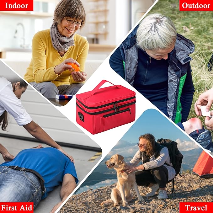 Medicine Bag for Traveling with Portable Small Pouch, Double Layer Pill Bottle Organizer Storage Case with Lockable Zippers, Carrying Medication Travel Case with Shoulder Strap (Bag ONLY), Red