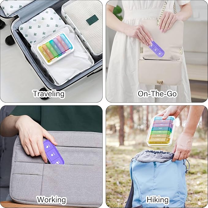 Weekly Pill Organizer 3 Times a Day, 7 Day Portable Pill Box for Pills, Vitamins, Fish Oil, Medication, Supplements (3x7 Transparent + Rainbow)