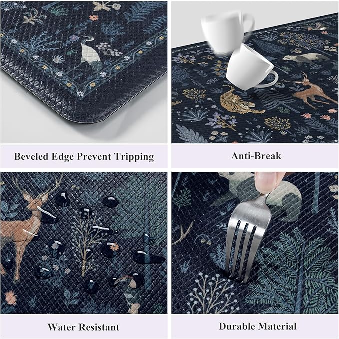 KIMODE Anti Fatigue Mats for Kitchen Floor,Farmhouse Animal Forest Kitchen Rugs Sets of 2 Non Slip,Comfort Cushioned Padded Kitchen Floor Mats for Laundry Sink Office,Dark Blue