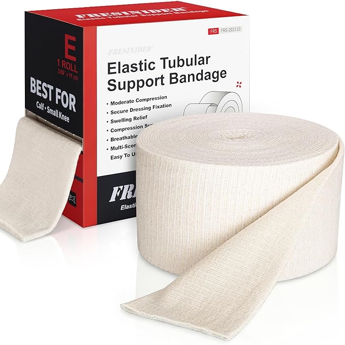 FRESINIDER Size E Elastic Tubular Support Bandage (3.5" x 11 Yards) – Light to Moderate Compression Roll for Calf & Small Knee, Breathable Stretch Stockinette