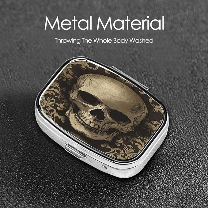 Gothic Wallpaper Skull Pattern Pill Case Pill Box Travel Pill Organizer Small Square Medicine Box for Purse & Pocket Gifts