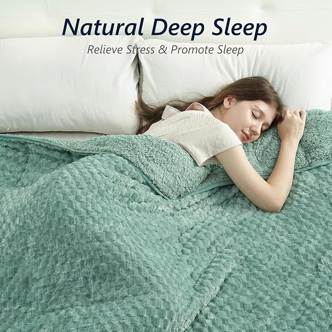 Mr. Sandman Weighted Blankets for Adults Queen Size 15lbs, Warm Sherpa Fleece Throw Blanket for Sleep and Calm, Soft Cozy Heavy Bed Blanket with Jacquard Flannel, 60 x 80 Inches, Green