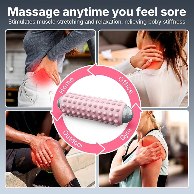 Mini Electric Massage Roller 4 Speeds Vibrating Massage Ball, 2-in-1 Portable Muscle Massager Gun & Roller for Muscle Relief, Detachable Heads, Rechargeable, For Fitness, Office, Travel (Pink)