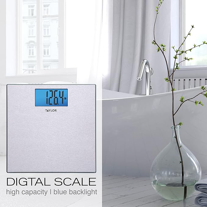 Taylor Digital Scales for Body Weight, 400 LB Capacity, Unique Blue LCD, Auto on and Off Scale, 11.8 x 11.8Inches, Stainless Steel