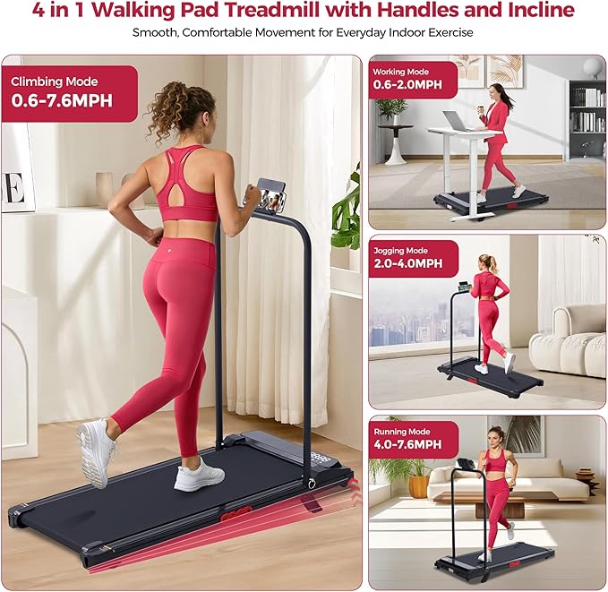 Walking Pad with Handle Bar and Incline, 3.0HP Under Desk Treadmill for Home Small Space, 0.6-7.6MPH Portable Walking Pad Treadmill with Handles, 350LBS, 2026 Upgrade