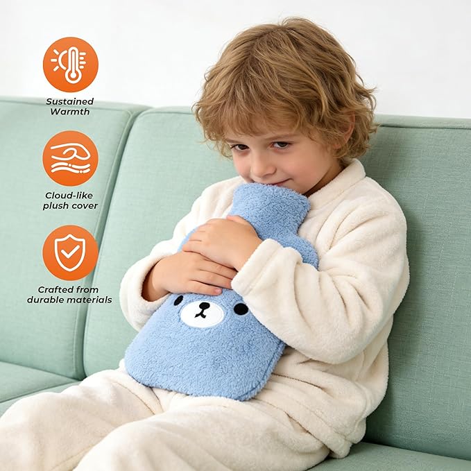 samply Hot Water Bottle with Cute Fleece Cover, Hot Water Bag for Hot and Cold Compress, Hand Feet Warmer, Neck and Shoulder Pain Relief, Light Blue Bear