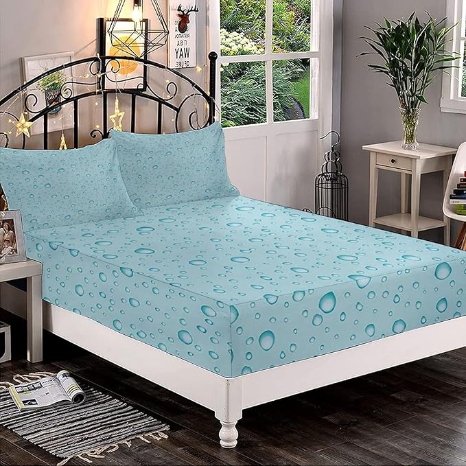 XISUNYA Decorative Bedding Sheet Set Full Size, Aqua Deep Pockets Fitted Sheet & 2 Pillowcases Set(No Flat Sheet), Big Small Water Rain Drops Liquidity Oceanic Print Microfiber 3pc Bed Sheets Set