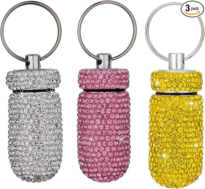 3PCS Bling Crystal Rhinestone Portable Pill Case Pill Container Waterproof Pill Holder with Keychain Glitter Travel Pill Box Small Medicine Dispenser Bottle Storage for Outdoor Camping Travel,10