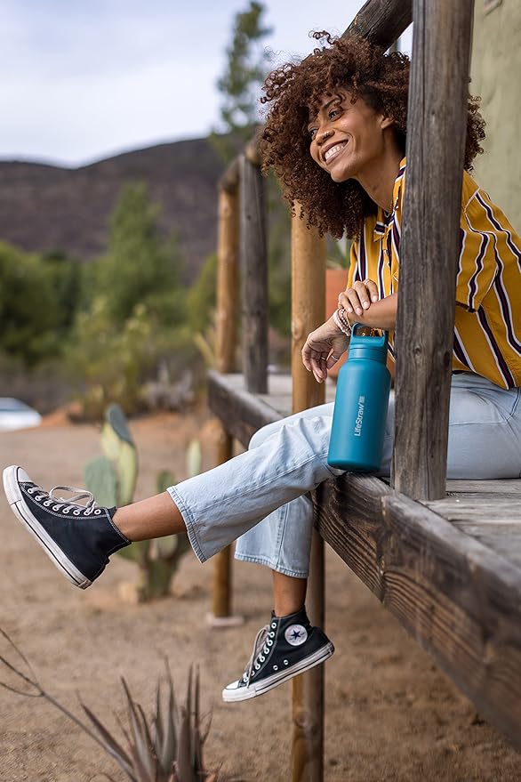 LifeStraw Go Series — Insulated Stainless Steel Water Filter Bottle for Travel and Everyday Use Removes Bacteria, Parasites and Microplastics, Improves Taste, 1L Aegan Sea