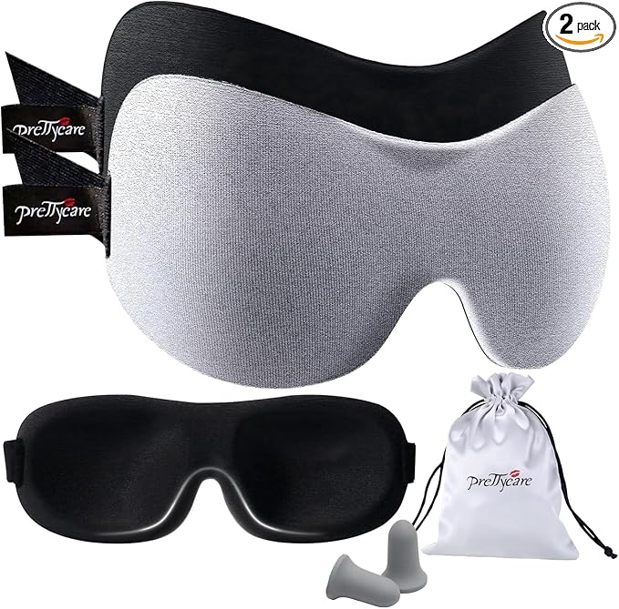 PrettyCare 3D Sleep Mask 2 Pack,Eye Mask for Side Sleeper -3D Contoured Sleeping Mask Blackout Out for Men Women - Zero Eye Pressure Blindfold with Ear Plugs, Night Masks with Travel Bag (Black＆Grey)
