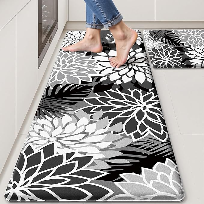 Kitchen Mats for Floor 2PCS Cushioned Anti Fatigue Kitchen Mats Waterproof Non Slip Kitchen Mat Rug Set Comfort Foam Standing Mat for Sink, Laundry, Office, Black White