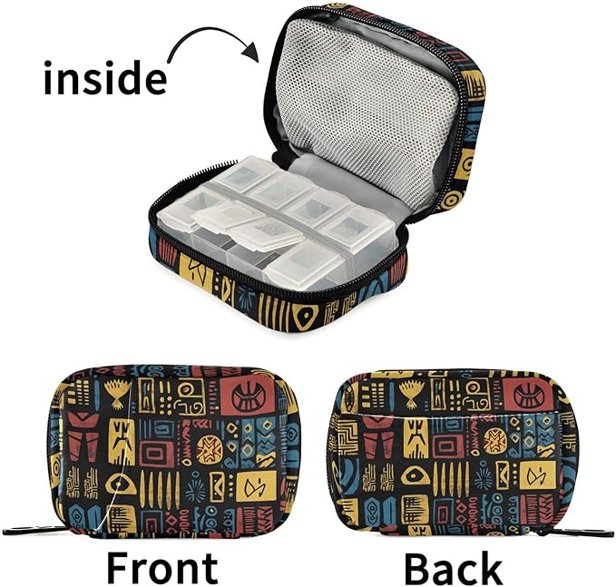 Fustylead African Tribal Ethnic Style Symbols Ornaments Travel Pill Case Bag with Zipper Weekly Pill Box 8 Compartments 7 Day Personal Pill Case Purse Medicine Case Organizer