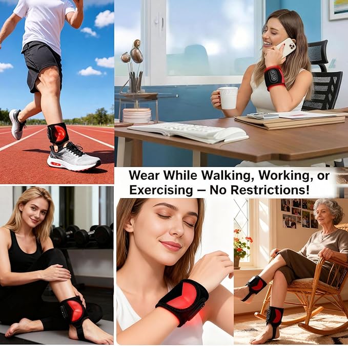 Cordless Red Light Therapy for Ankle Massager Heating Pad, 660nm Red & 850nm Near Infrared Light Therapy Wrap with Vibration & Heat, 3000mAh Rechargeable for Ankle Wrist Foot Arch Comfort (Black)