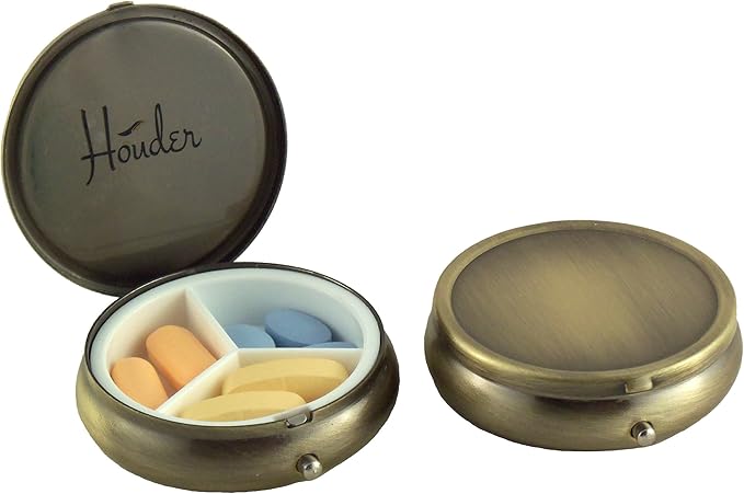 Classy Brass Pill Box - Decorative Pill Case with Gift Box - Carry Your Meds in Style (Round)